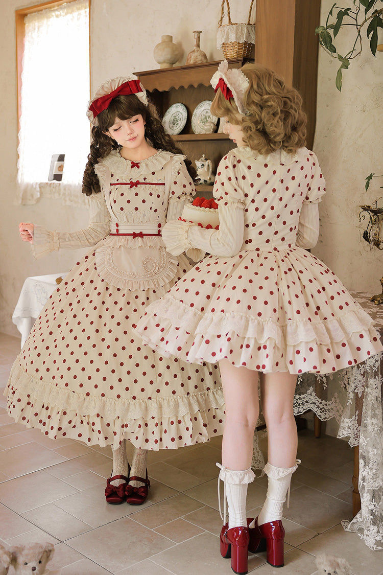 Apricot [Lollipop] Cotton Round Collar Long Lantern Sleeves Polka Dot Printed Ruffled Bow Lace Sweet Elegant Lolita Dress 2 Versions