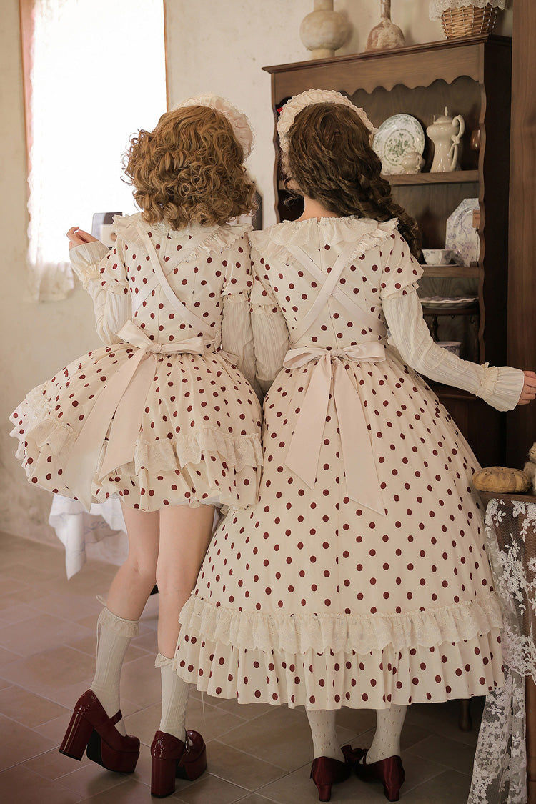 Apricot [Lollipop] Cotton Round Collar Long Lantern Sleeves Polka Dot Printed Ruffled Bow Lace Sweet Elegant Lolita Dress 2 Versions