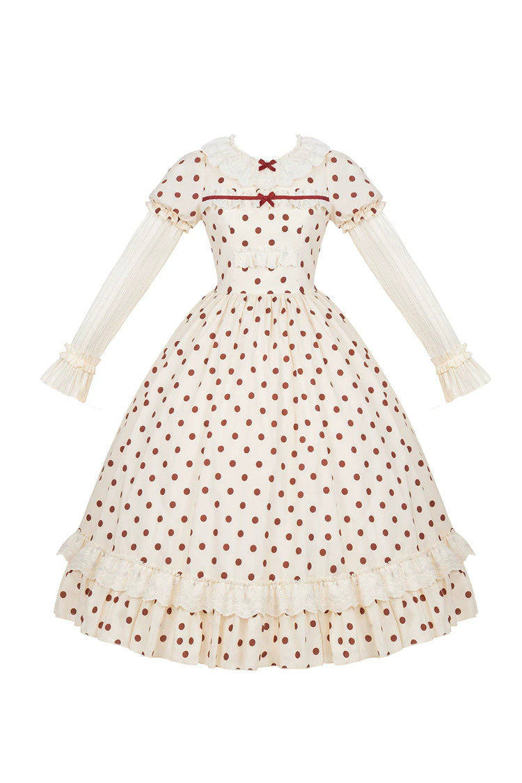 Apricot [Lollipop] Cotton Round Collar Long Lantern Sleeves Polka Dot Printed Ruffled Bow Lace Sweet Elegant Lolita Dress 2 Versions