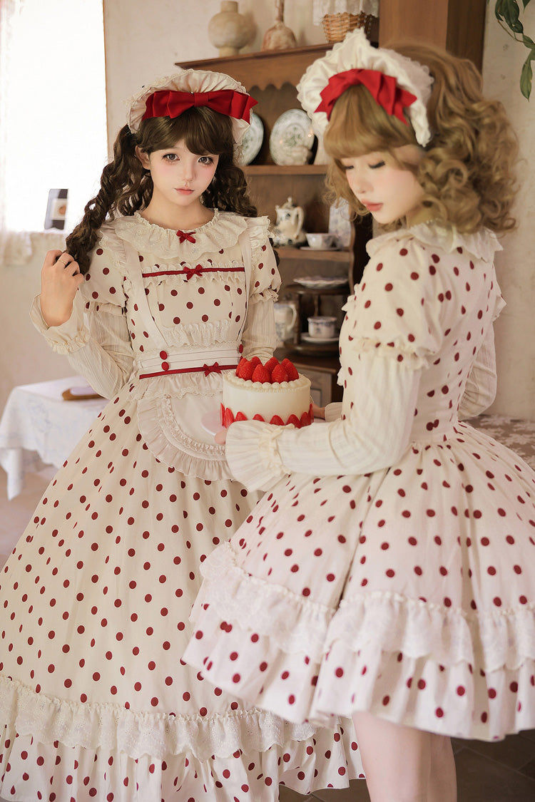 Apricot [Lollipop] Cotton Round Collar Long Lantern Sleeves Polka Dot Printed Ruffled Bow Lace Sweet Elegant Lolita Dress 2 Versions