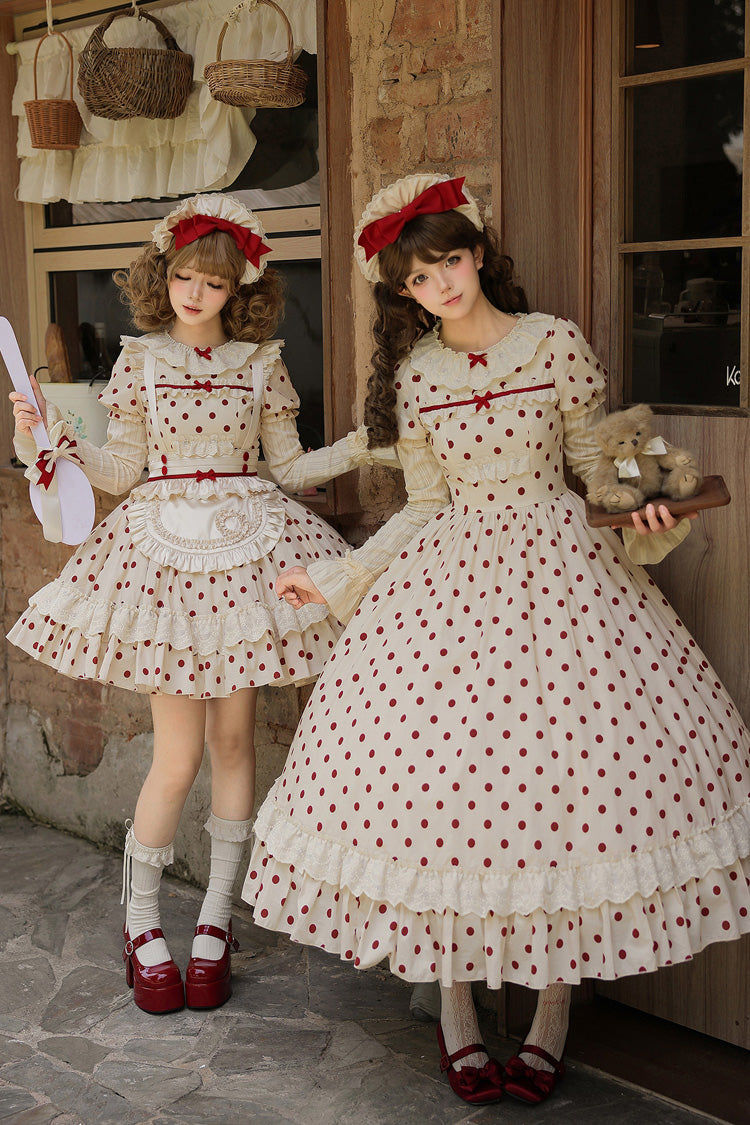 Apricot [Lollipop] Cotton Round Collar Long Lantern Sleeves Polka Dot Printed Ruffled Bow Lace Sweet Elegant Lolita Dress 2 Versions
