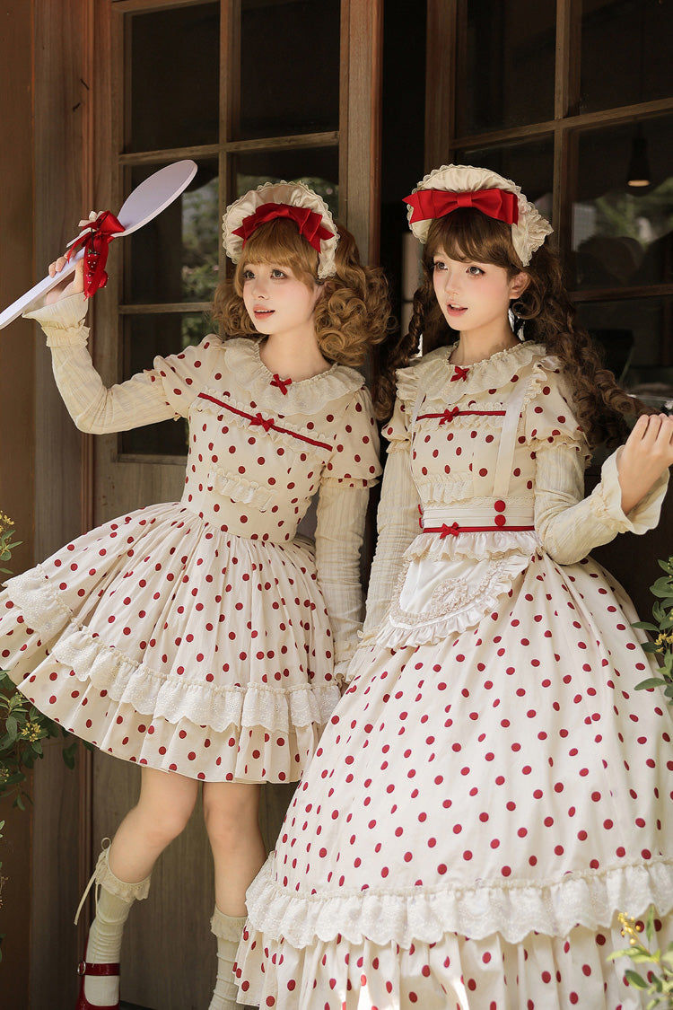 Apricot [Lollipop] Cotton Round Collar Long Lantern Sleeves Polka Dot Printed Ruffled Bow Lace Sweet Elegant Lolita Dress 2 Versions