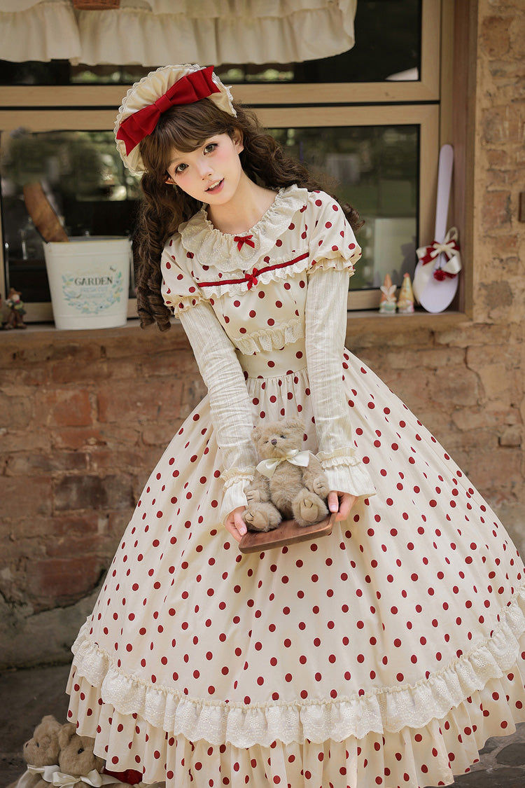 Apricot [Lollipop] Cotton Round Collar Long Lantern Sleeves Polka Dot Printed Ruffled Bow Lace Sweet Elegant Lolita Dress 2 Versions