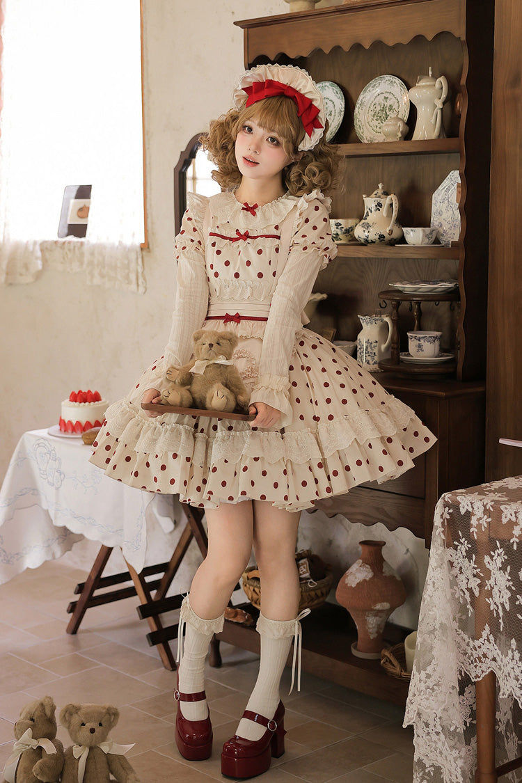 Apricot [Lollipop] Cotton Round Collar Long Lantern Sleeves Polka Dot Printed Ruffled Bow Lace Sweet Elegant Lolita Dress 2 Versions