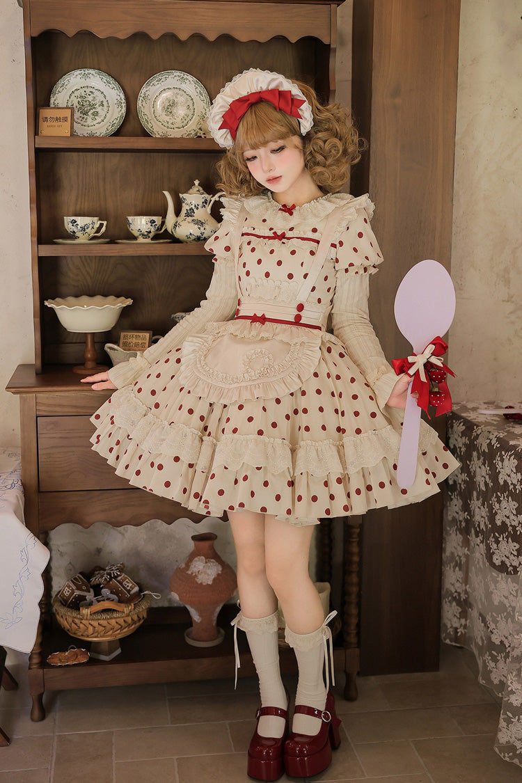Apricot [Lollipop] Cotton Round Collar Long Lantern Sleeves Polka Dot Printed Ruffled Bow Lace Sweet Elegant Lolita Dress 2 Versions