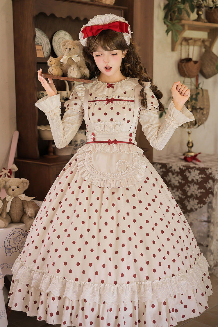 Apricot [Lollipop] Cotton Round Collar Long Lantern Sleeves Polka Dot Printed Ruffled Bow Lace Sweet Elegant Lolita Dress 2 Versions