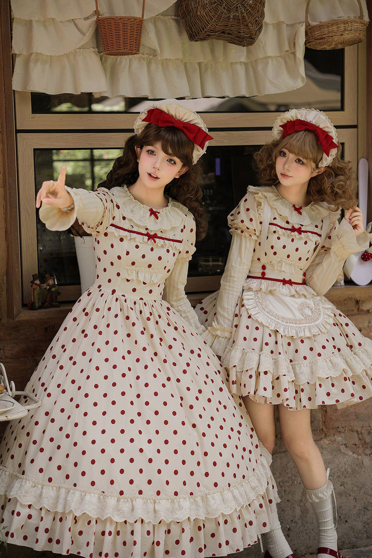 Apricot [Lollipop] Cotton Round Collar Long Lantern Sleeves Polka Dot Printed Ruffled Bow Lace Sweet Elegant Lolita Dress 2 Versions
