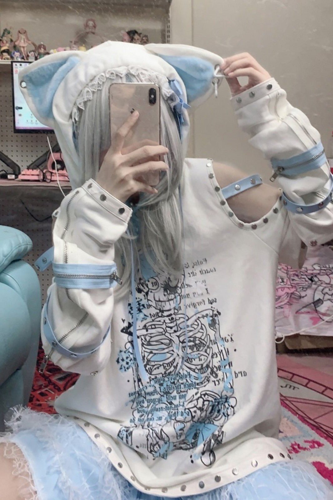Human Pact Sub - kawaii Oversized Cat - ear Hoodie - LolitaEraWhiteMHuman Pact Sub - kawaii Oversized Cat - ear Hoodie