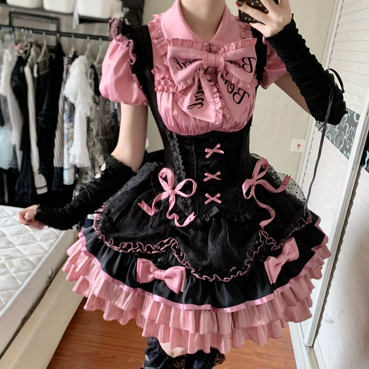【In Stock Now】A Little Candy Heart-Shaped Support Black Shirt with Chest Support Sk Set Lolita Dress