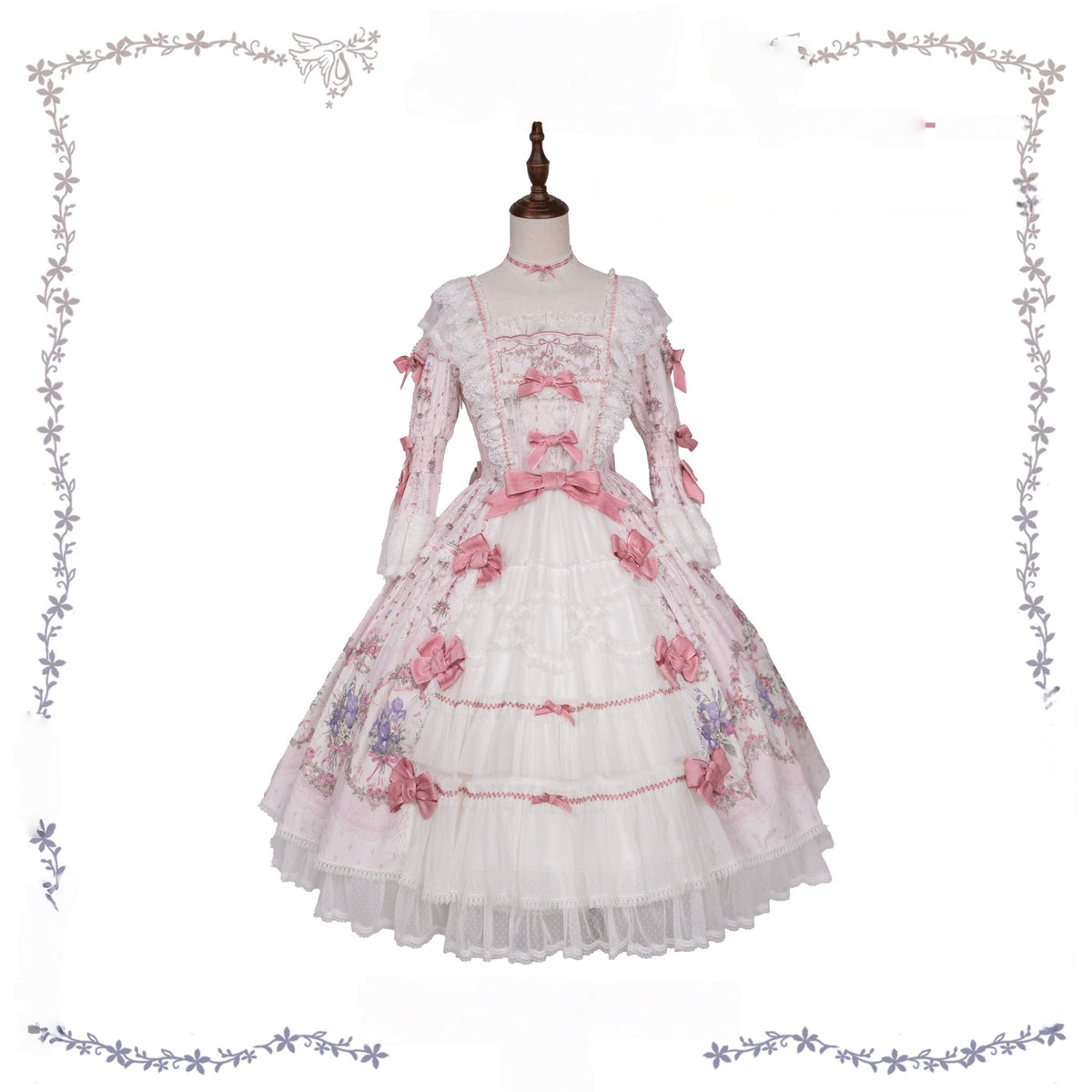 Iris Clock Floral‑Wall Front‑Opening Lolita Hime‑Sleeve Dress - LolitaEra