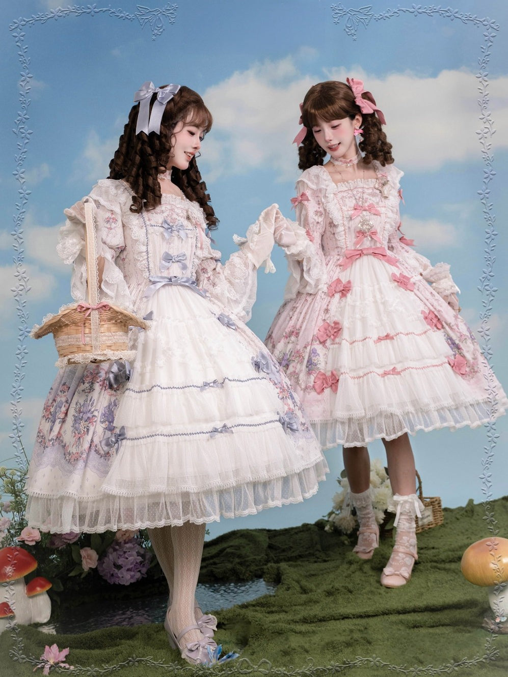 Iris Clock Floral‑Wall Front‑Opening Lolita Hime‑Sleeve Dress - LolitaEra