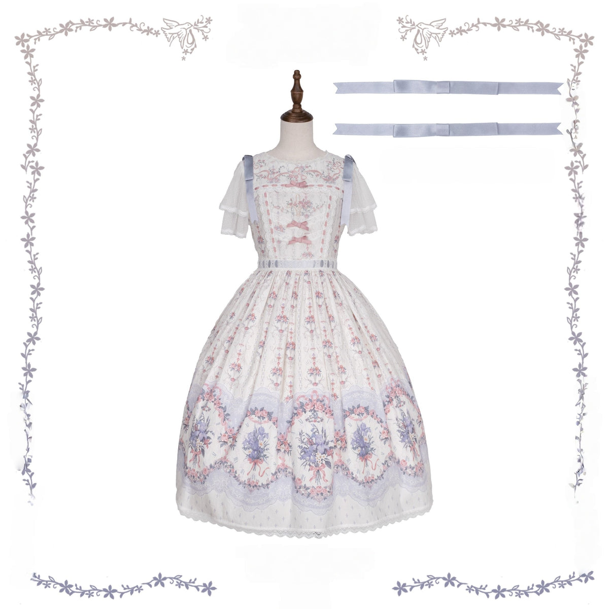 Iris Clock Lolita Flutter Sleeves Printed OP & Cut‑Work Embroidered Lapel JSK - LolitaEra