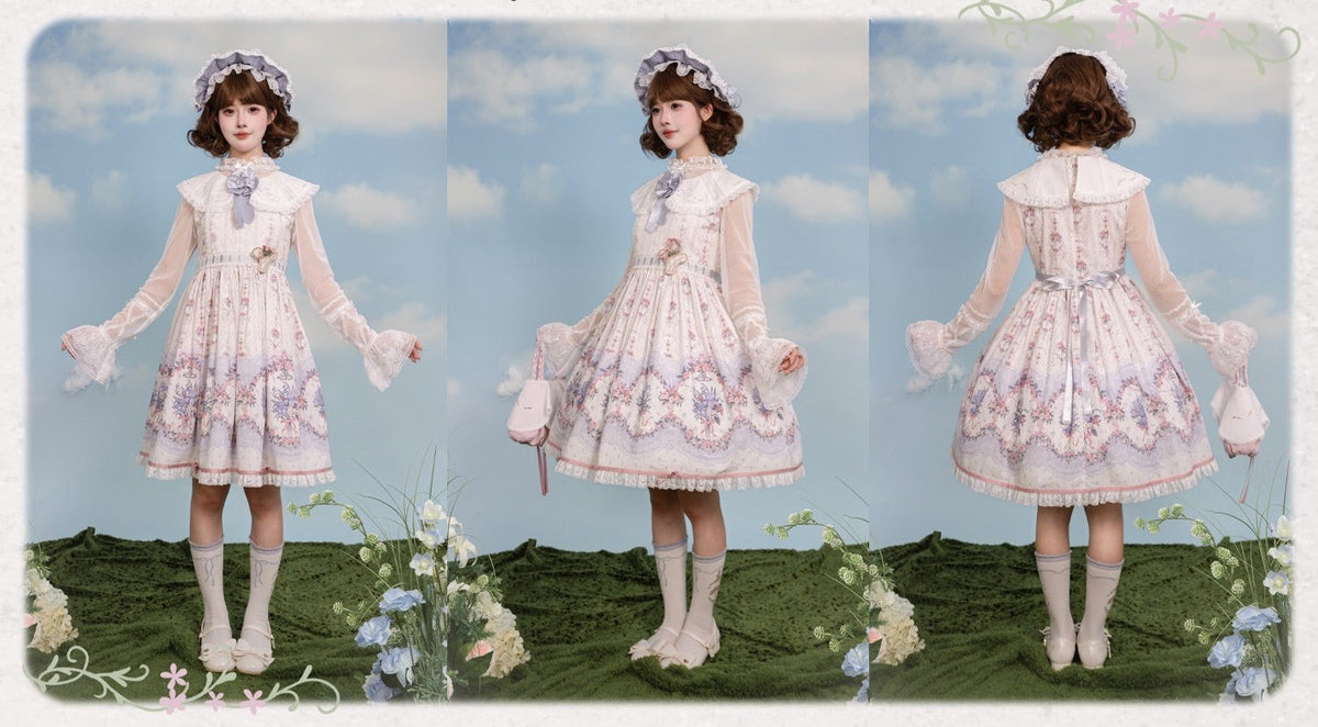 Iris Clock Lolita Flutter Sleeves Printed OP & Cut‑Work Embroidered Lapel JSK - LolitaEra