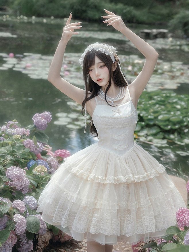 Ivory Tower Classic Dreamy Lolita White OP/JSK Dress - LolitaEraShort JSKXSIvory Tower Classic Dreamy Lolita White OP/JSK Dress