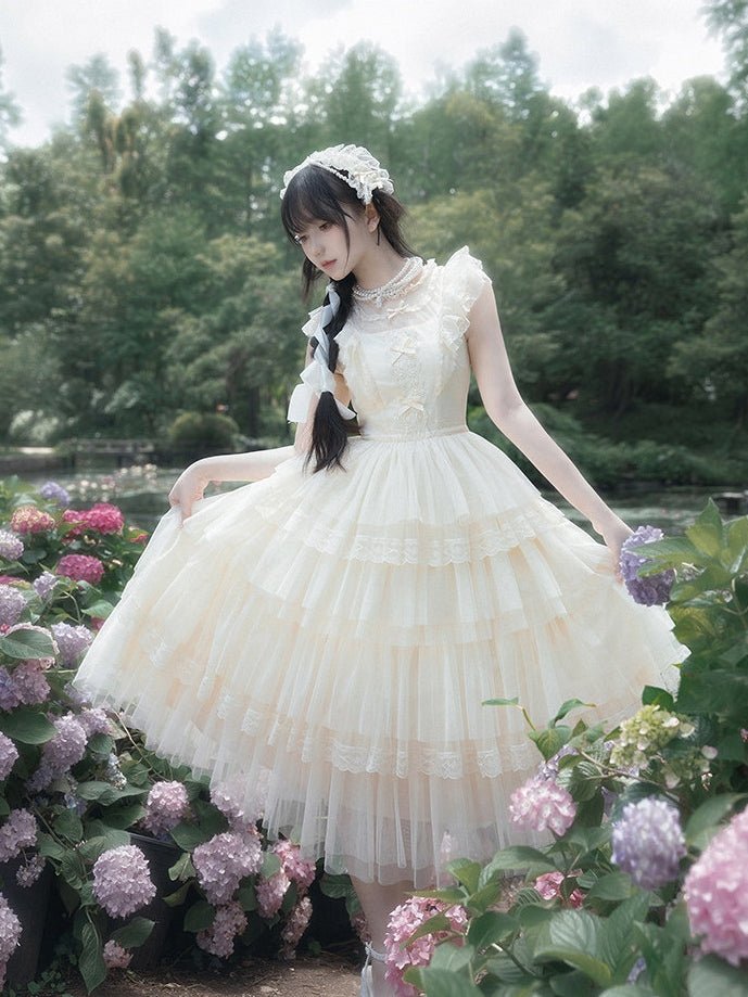 Ivory Tower Classic Dreamy Lolita White OP/JSK Dress - LolitaEraShort JSKXSIvory Tower Classic Dreamy Lolita White OP/JSK Dress