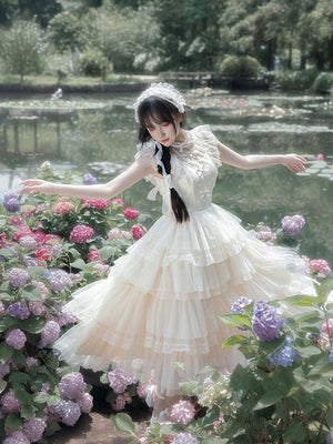 Ivory Tower Classic Dreamy Lolita White OP/JSK Dress - LolitaEraShort JSKXSIvory Tower Classic Dreamy Lolita White OP/JSK Dress