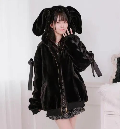J-Style Pink & Black Cute Rabbit Ear Fluffy Coat - LolitaEra