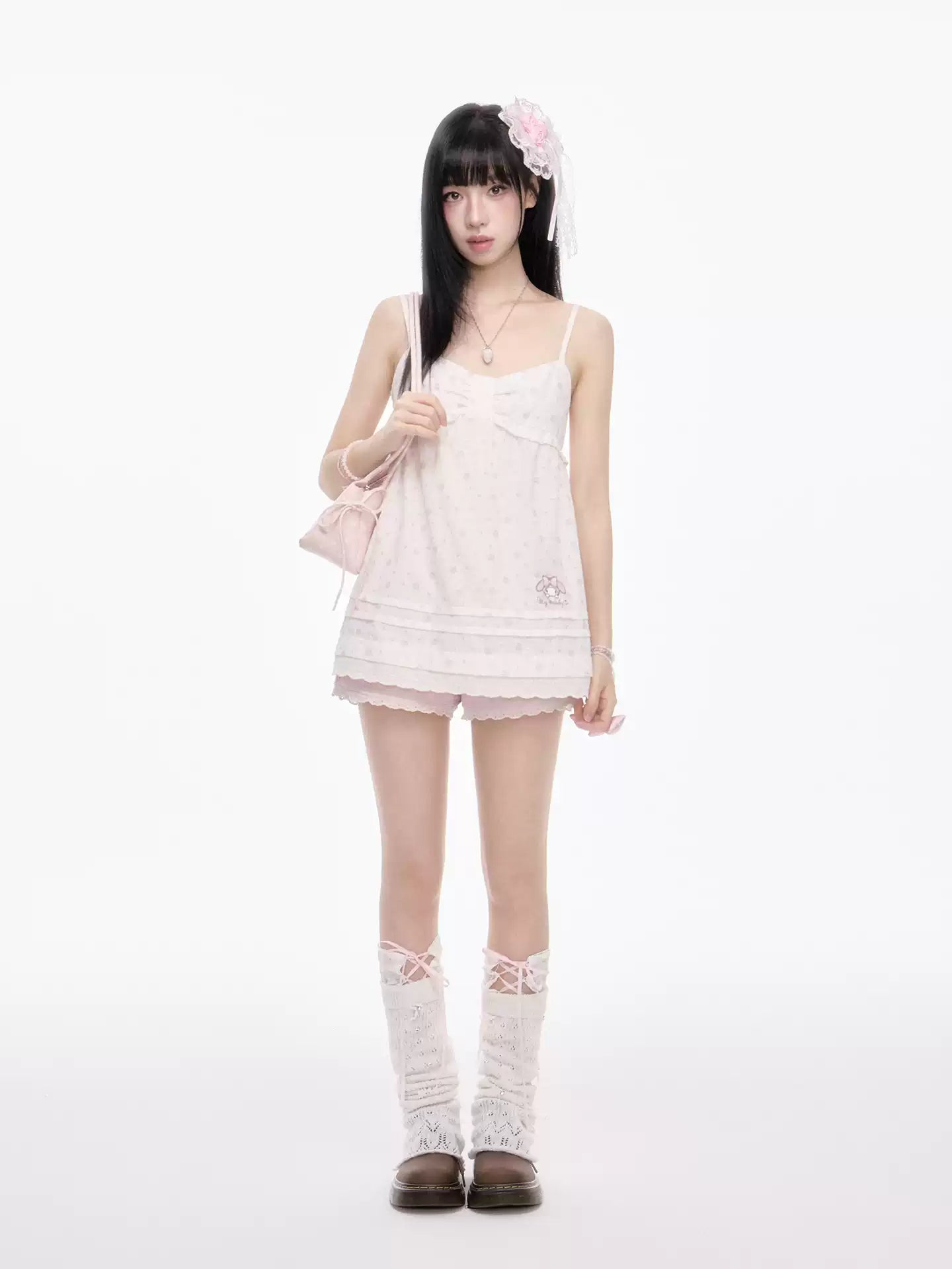 Japanese Style Gentle Knitted Cardigan Pink Floral Cami Dress Set for Women