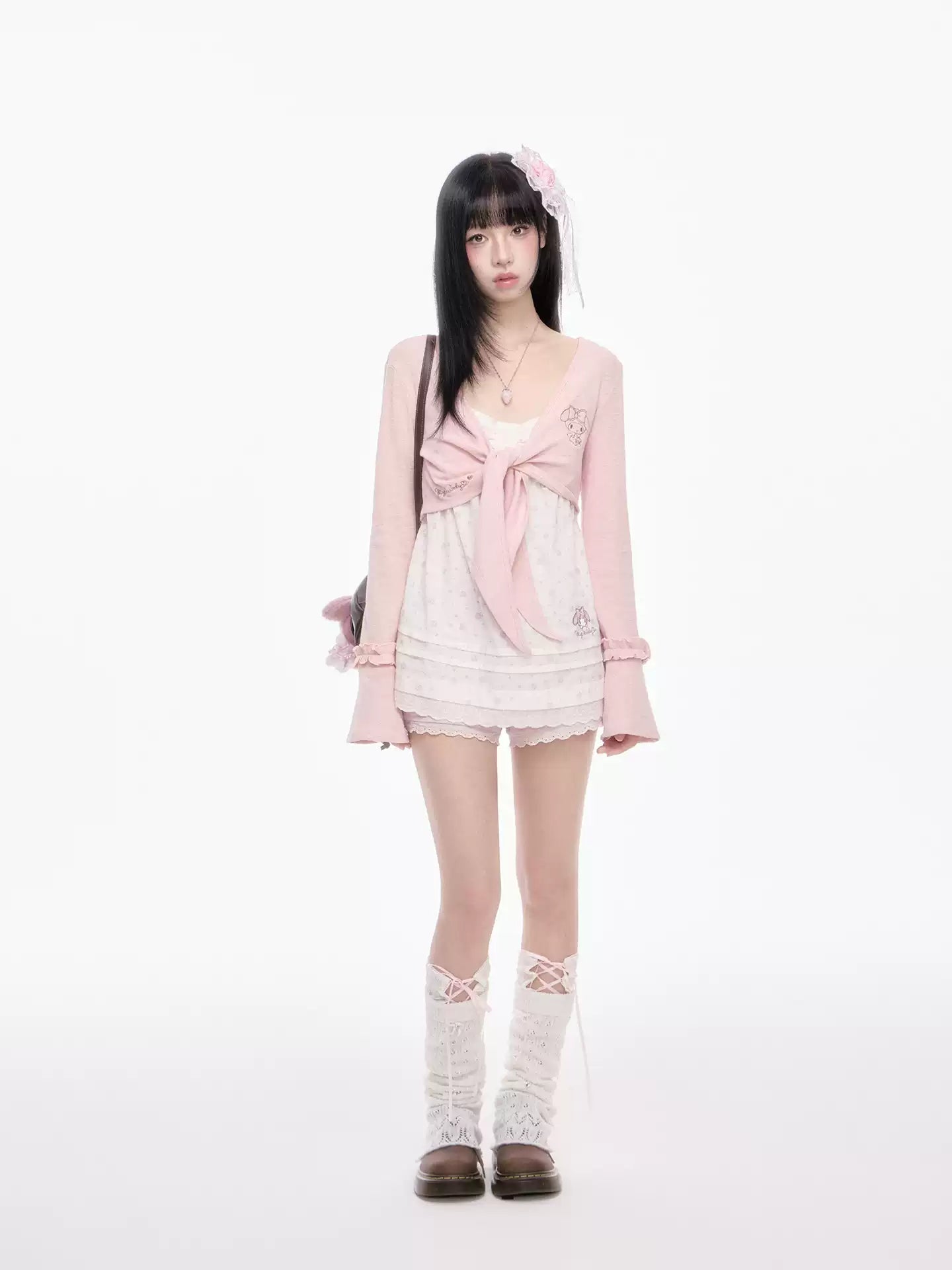 Japanese Style Gentle Knitted Cardigan Pink Floral Cami Dress Set for Women