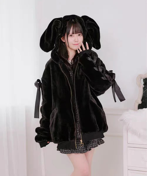 Japanese-Style Soft Girl Cute Bunny Ear Plush Coat Autumn and Winter Thickened Warm College Style Y2K Mass-Produced Lace Dress