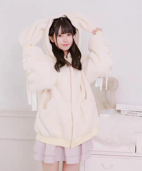 Japanese-Style Soft Girl Cute Bunny Ear Plush Coat Autumn and Winter Thickened Warm College Style Y2K Mass-Produced Lace Dress