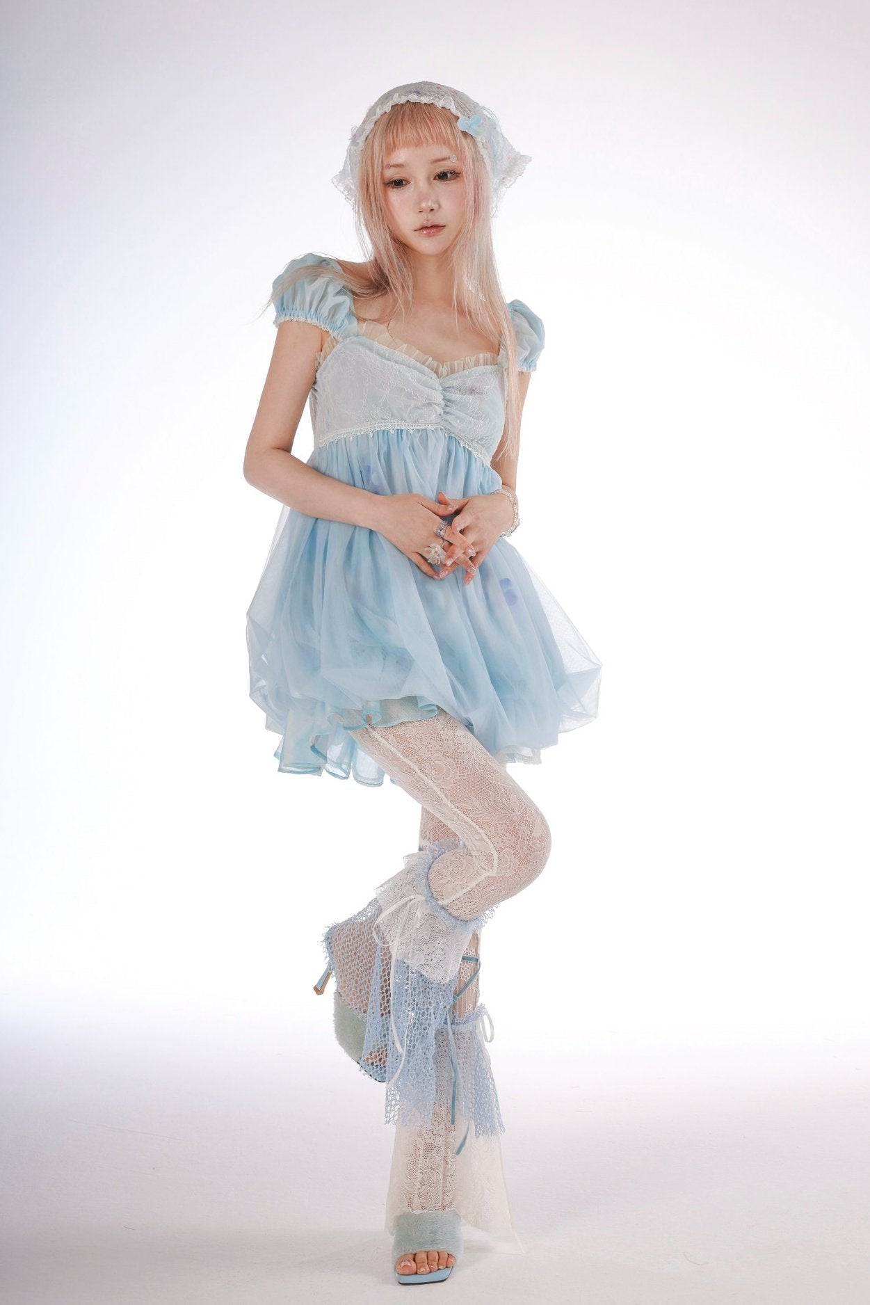 Jellyfish Moon Girl Sky Blue Puff Sleeve Lace Tulle Puff Dress - LolitaEra