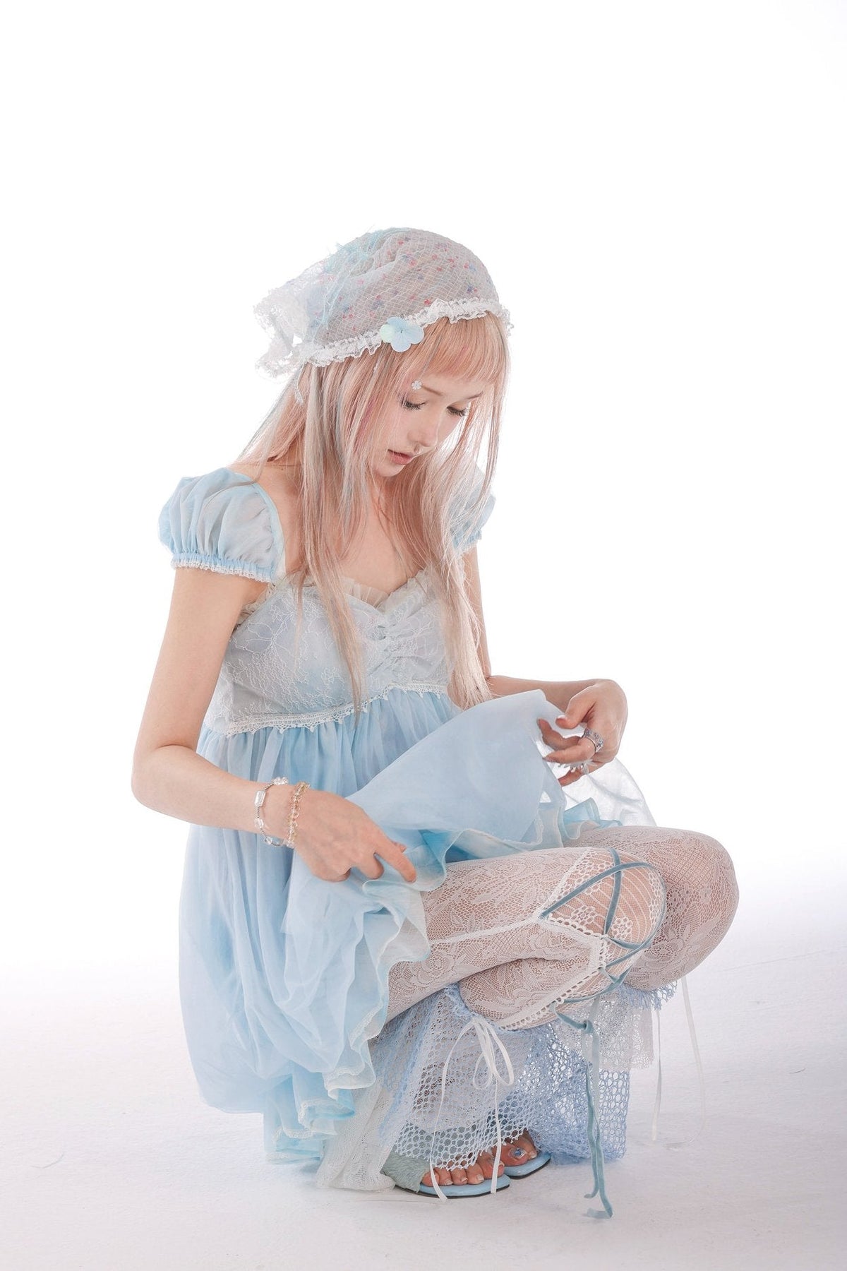 Jellyfish Moon Girl Sky Blue Puff Sleeve Lace Tulle Puff Dress - LolitaEra