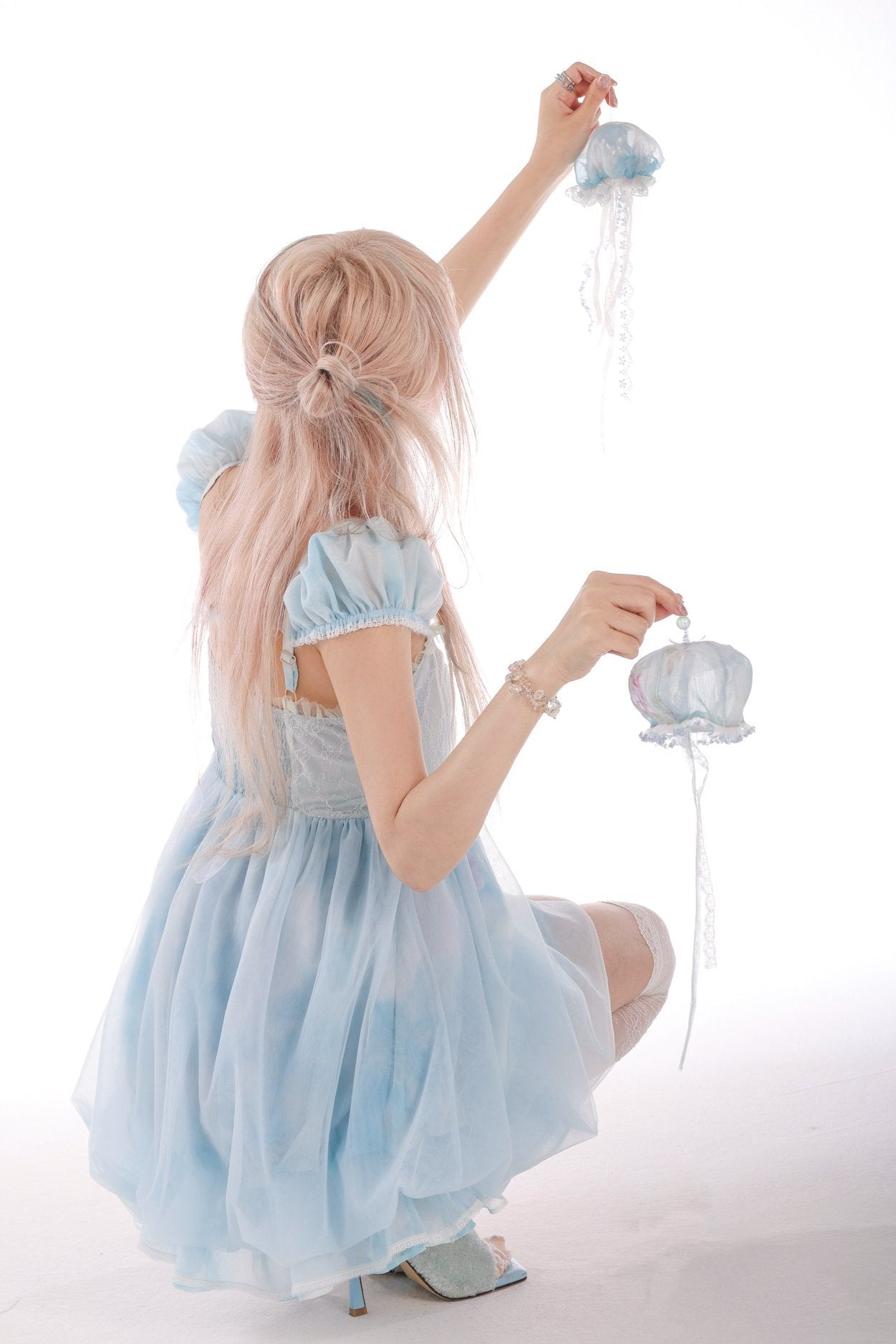 Jellyfish Moon Girl Sky Blue Puff Sleeve Lace Tulle Puff Dress - LolitaEra