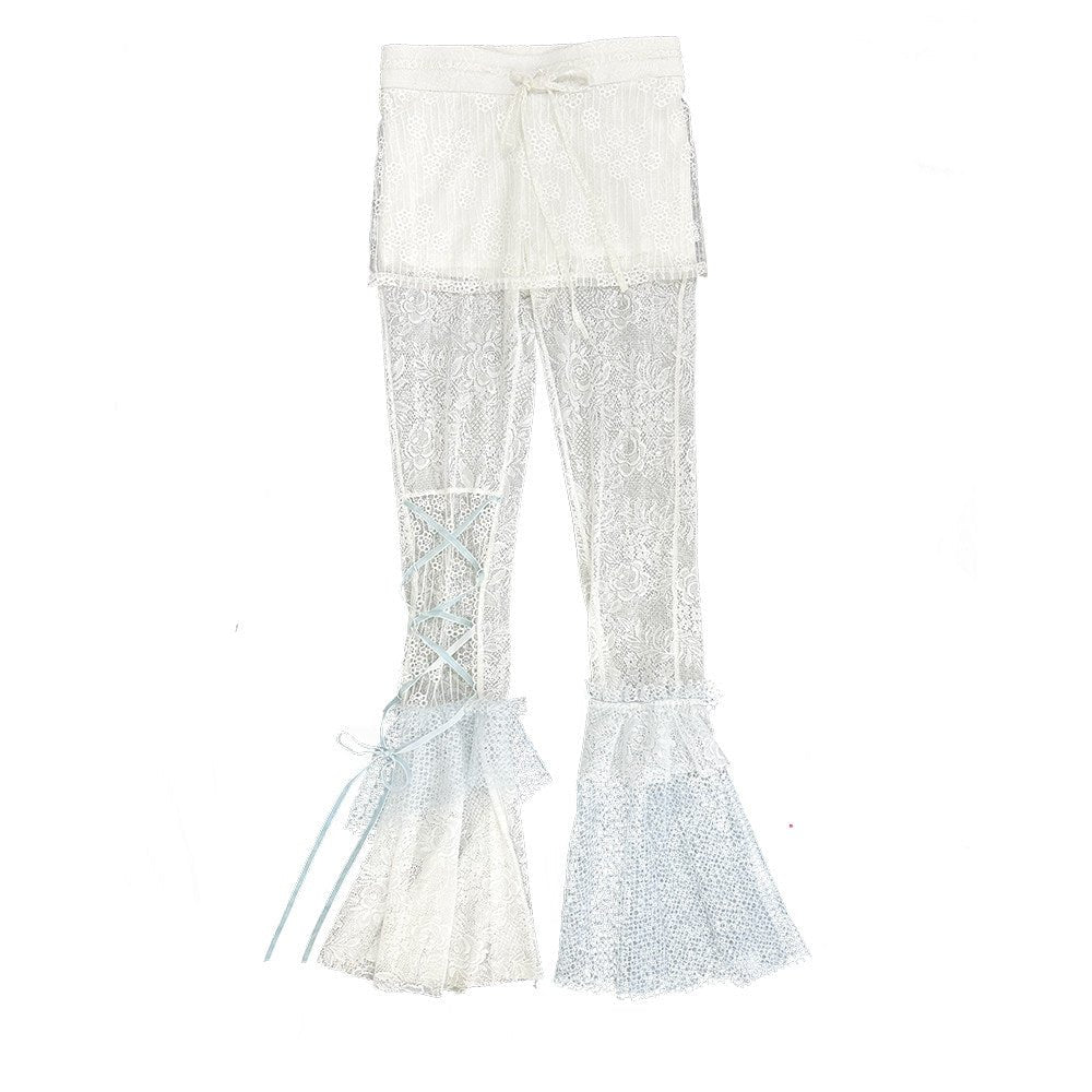 Jellyfish Pink Blue Lace Mesh Flared Pants Slip Dress Fairycore Set - LolitaEra