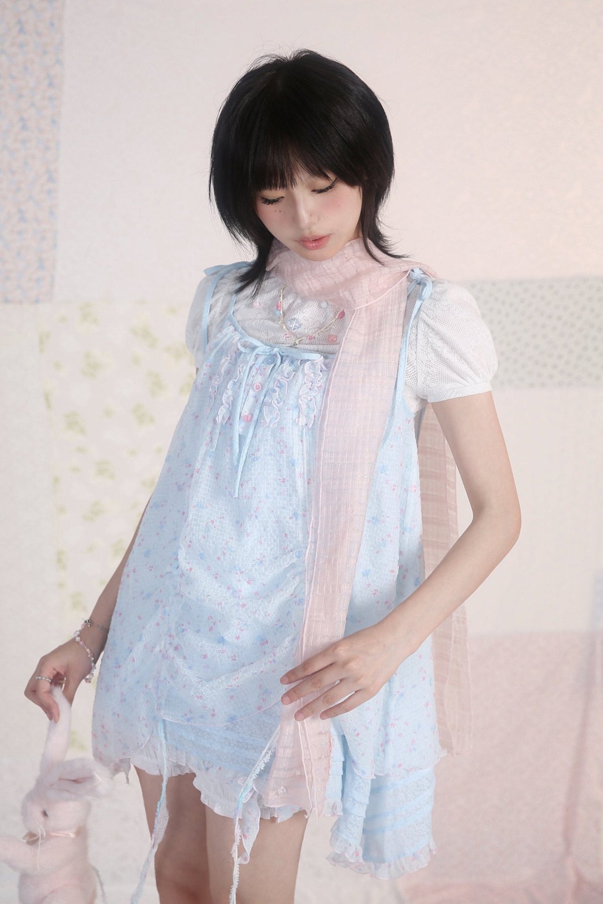 Jellyfish Pink Blue Lace Mesh Flared Pants Slip Dress Fairycore Set - LolitaEra