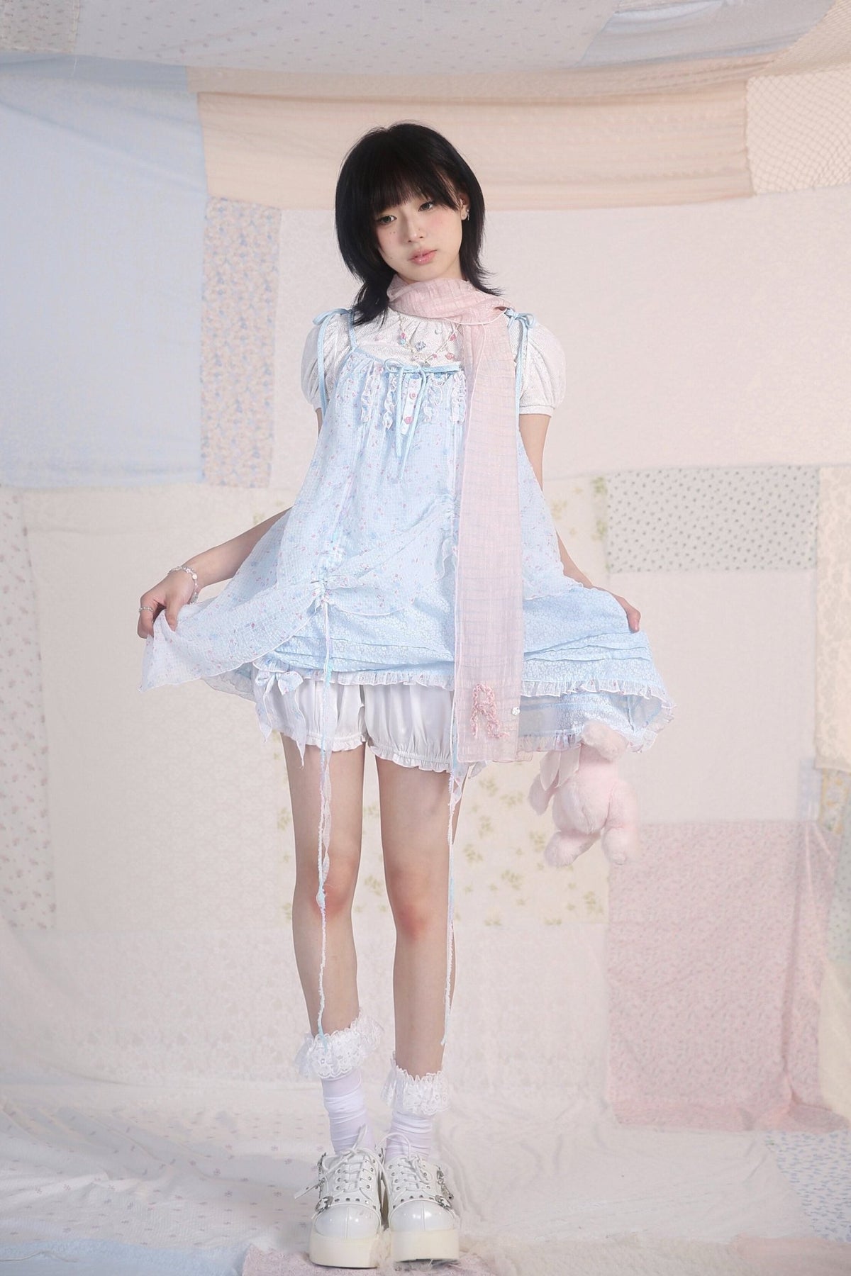Jellyfish Pink Blue Lace Mesh Flared Pants Slip Dress Fairycore Set - LolitaEra