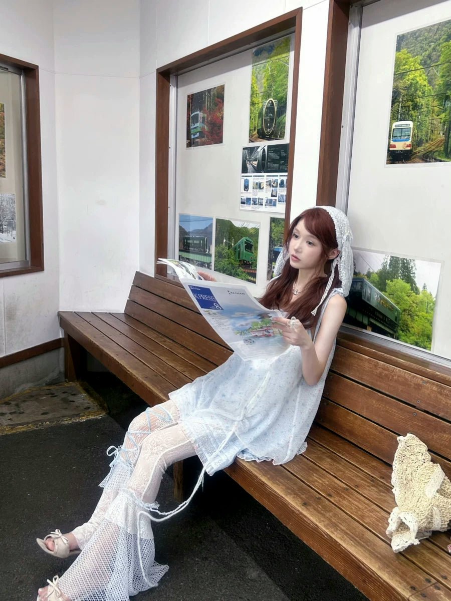 Jellyfish Pink Blue Lace Mesh Flared Pants Slip Dress Fairycore Set - LolitaEra