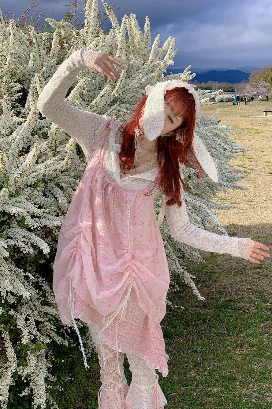 Jellyfish Pink Blue Lace Mesh Flared Pants Slip Dress Fairycore Set - LolitaEra