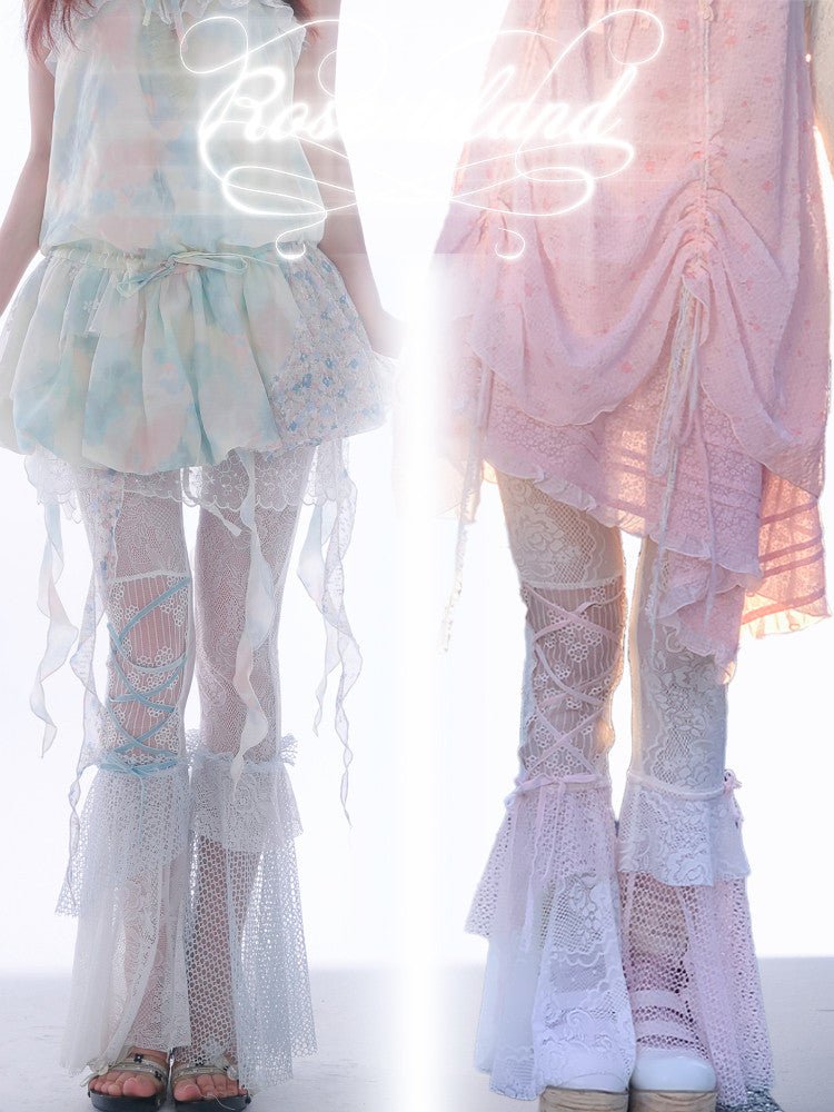 Jellyfish Pink Blue Lace Mesh Flared Pants Slip Dress Fairycore Set - LolitaEra