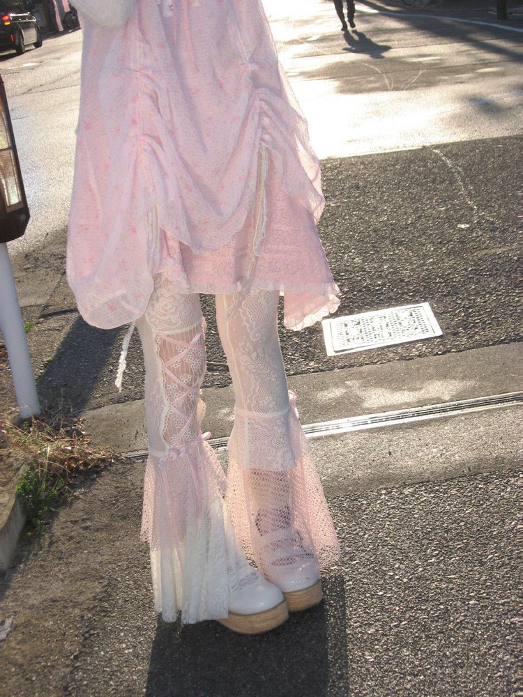 Jellyfish Pink Blue Lace Mesh Flared Pants Slip Dress Fairycore Set - LolitaEra