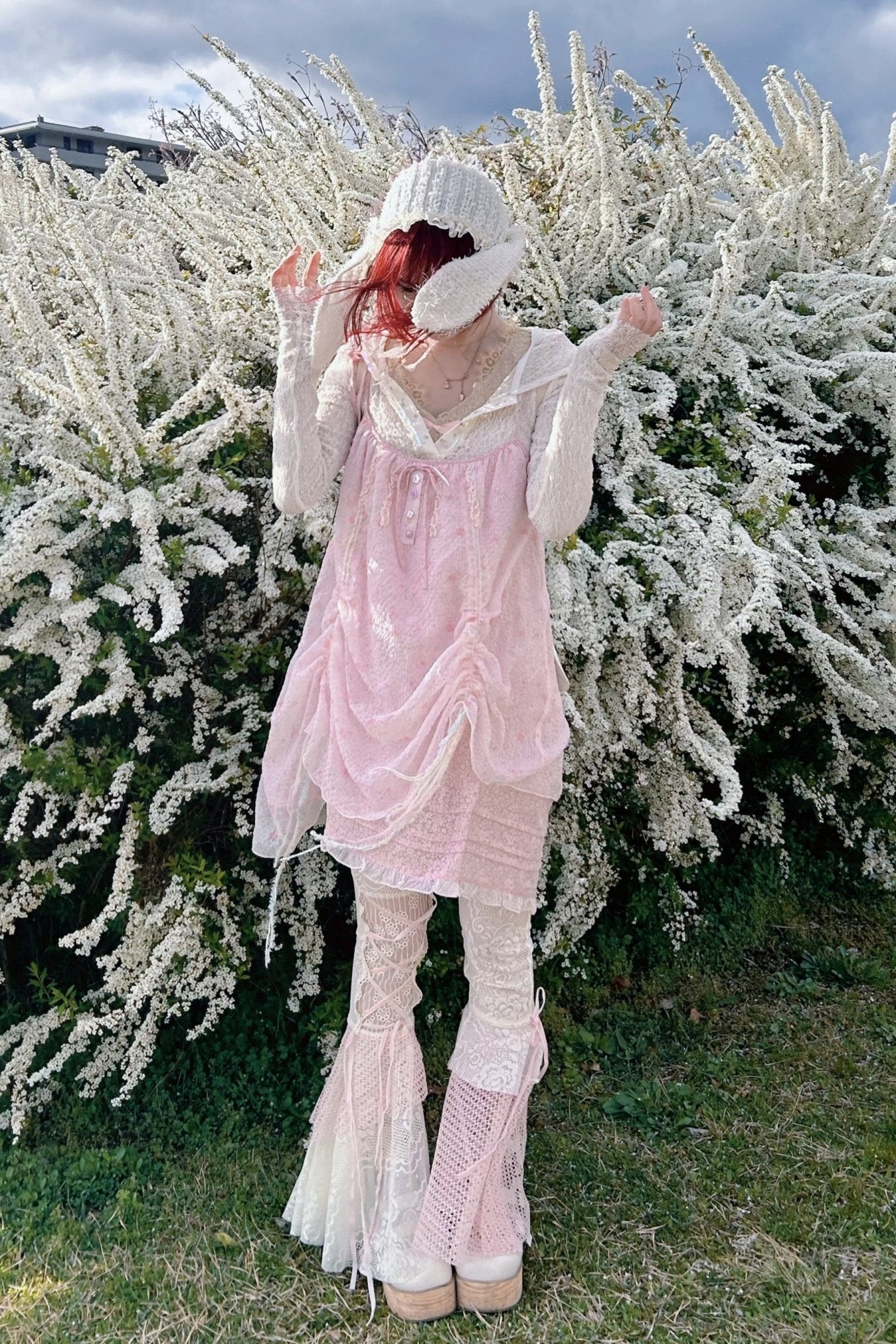 Jellyfish Pink Blue Lace Mesh Flared Pants Slip Dress Fairycore Set - LolitaEra