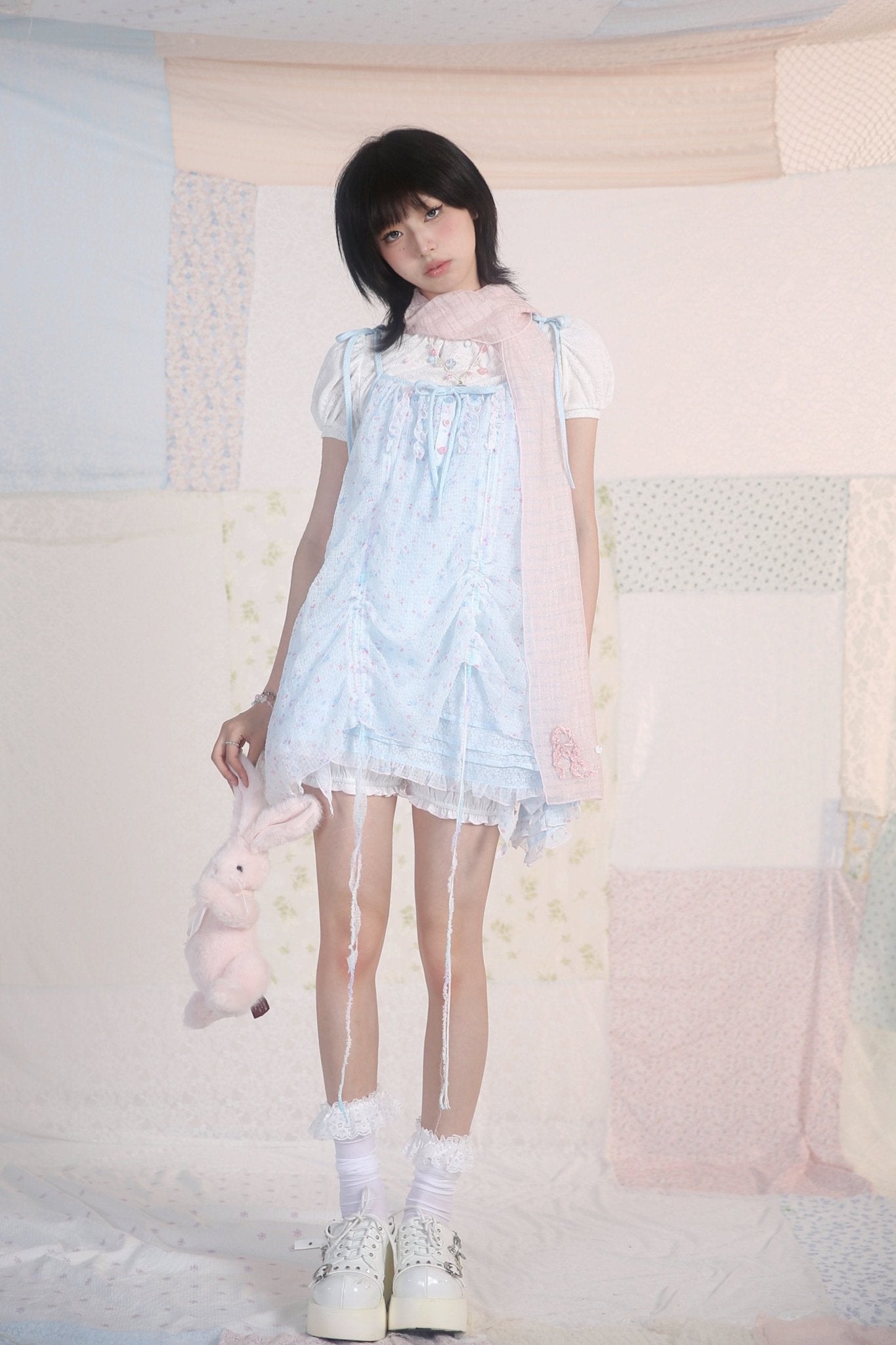 Jellyfish Pink Blue Lace Mesh Flared Pants Slip Dress Fairycore Set - LolitaEra