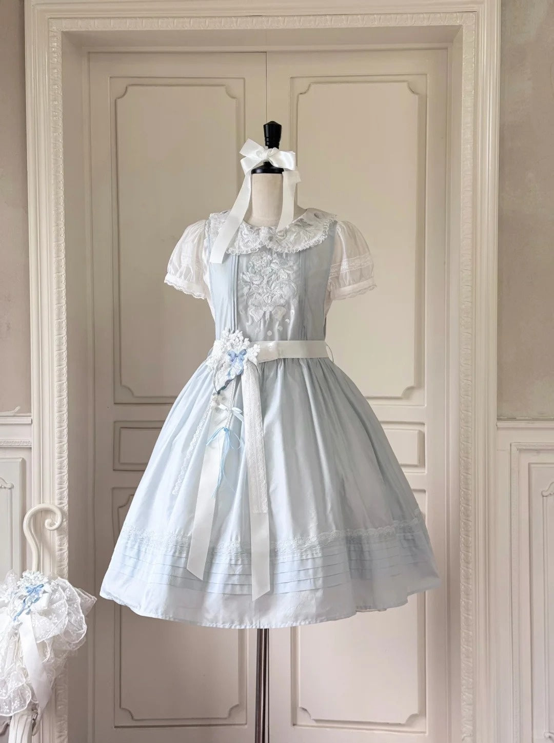 Jiao Jiao Misty Blue Floral Embroidery Wa Lolita High Waist Dress - LolitaEra