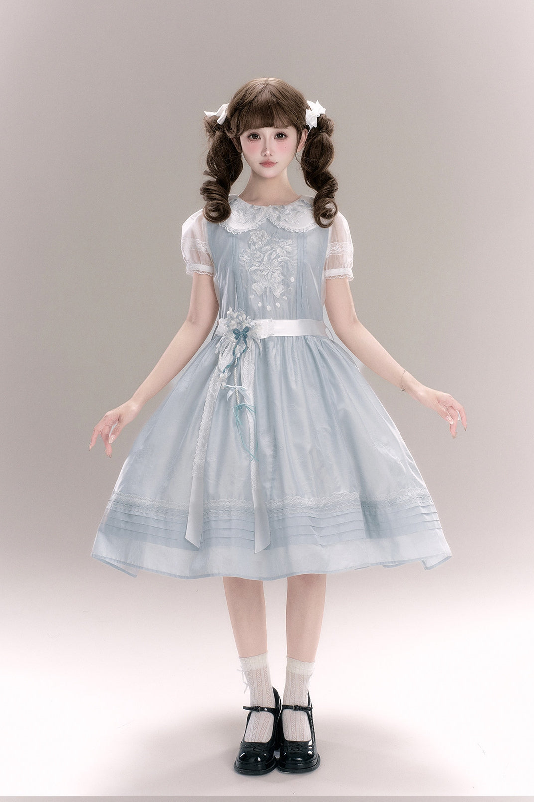 Jiao Jiao Misty Blue Floral Embroidery Wa Lolita High Waist Dress - LolitaEra