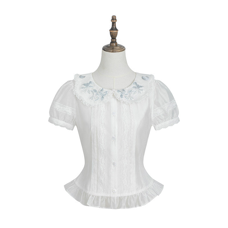 Jiao Jiao Misty Blue Floral Embroidery Wa Lolita High Waist Dress - LolitaEra