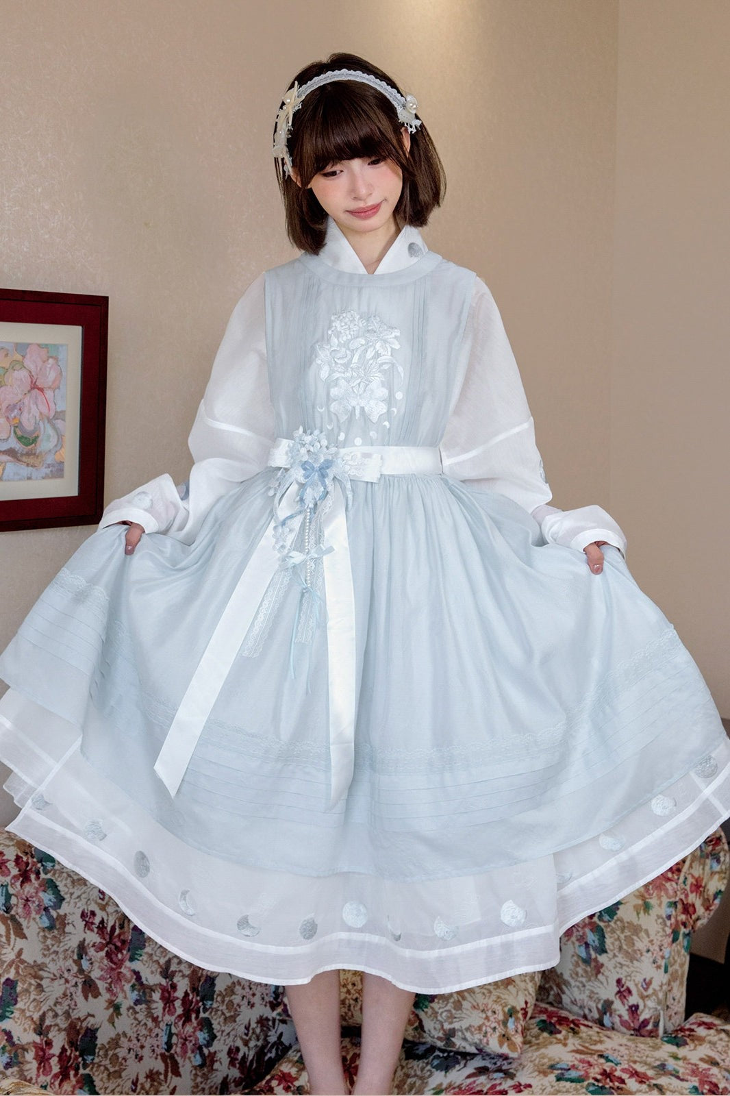 Jiao Jiao Misty Blue Floral Embroidery Wa Lolita High Waist Dress - LolitaEra