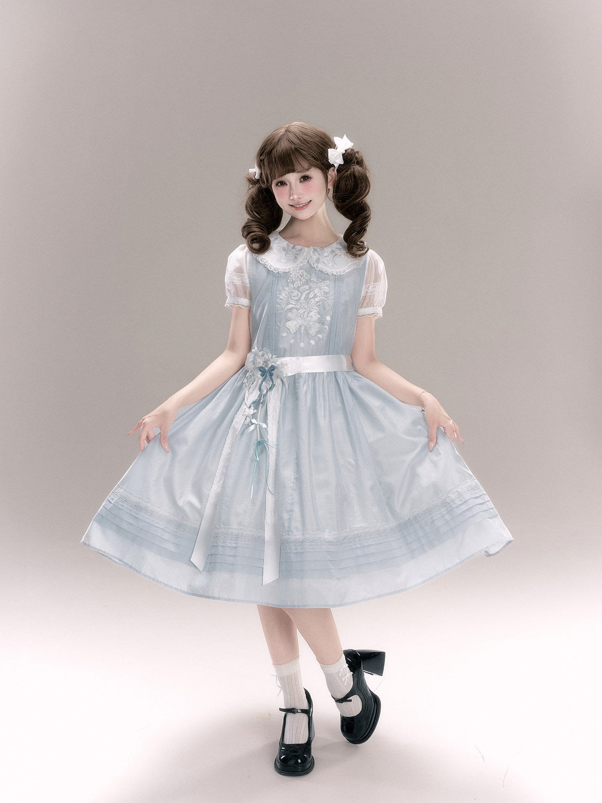 Jiao Jiao Misty Blue Floral Embroidery Wa Lolita High Waist Dress - LolitaEra