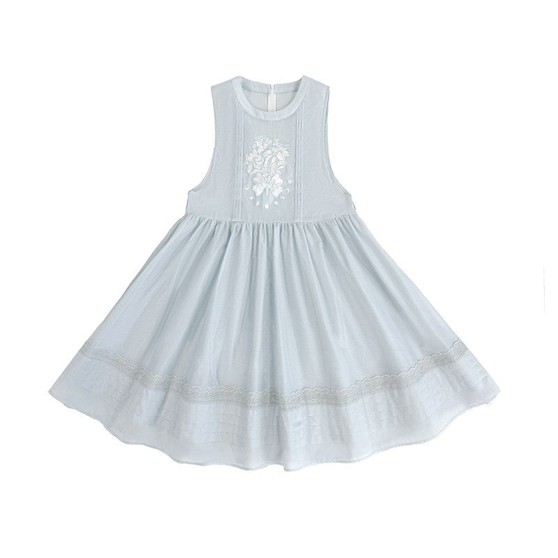 Jiao Jiao Misty Blue Floral Embroidery Wa Lolita High Waist Dress - LolitaEra