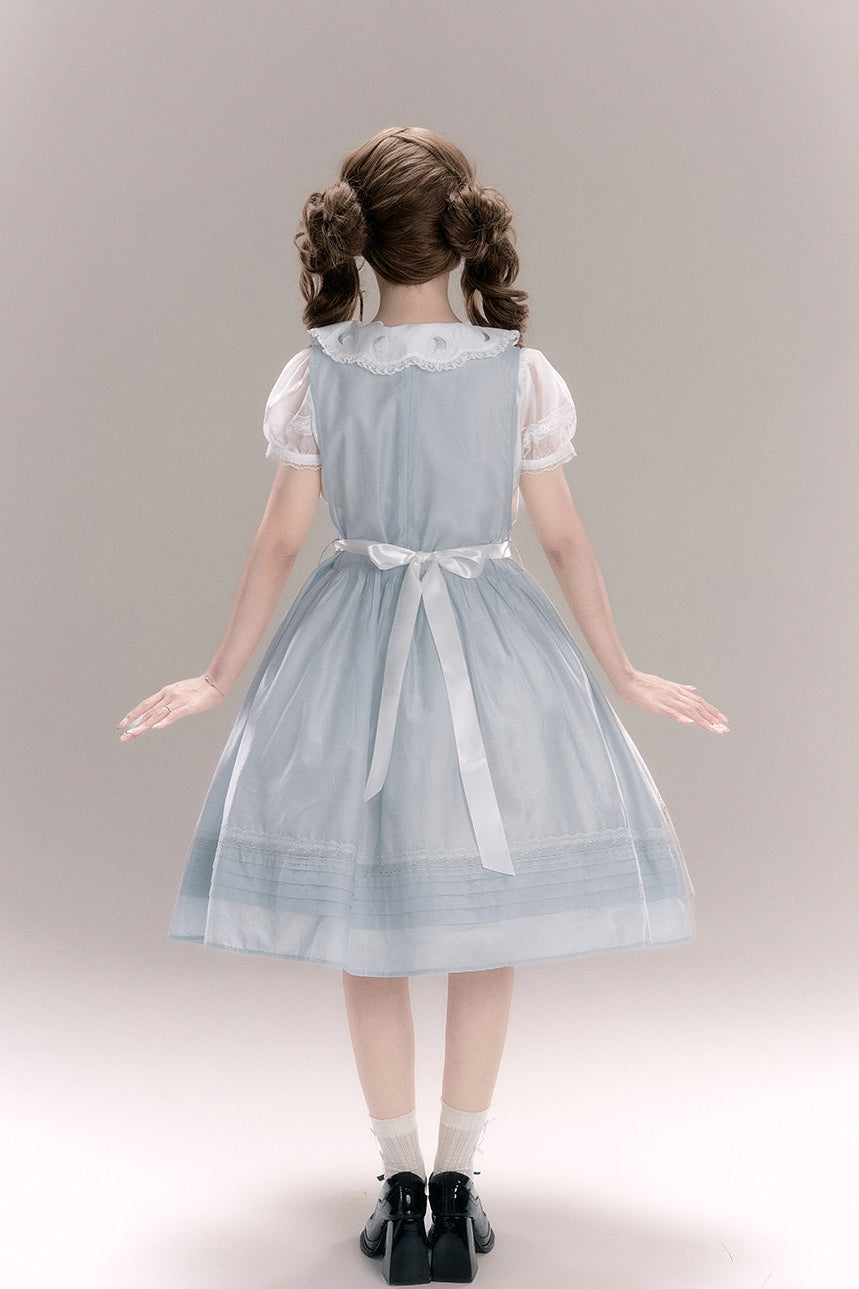 Jiao Jiao Misty Blue Floral Embroidery Wa Lolita High Waist Dress - LolitaEra