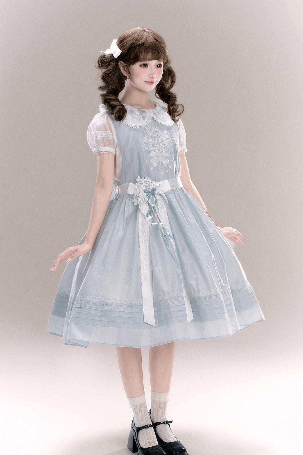 Jiao Jiao Misty Blue Floral Embroidery Wa Lolita High Waist Dress - LolitaEra