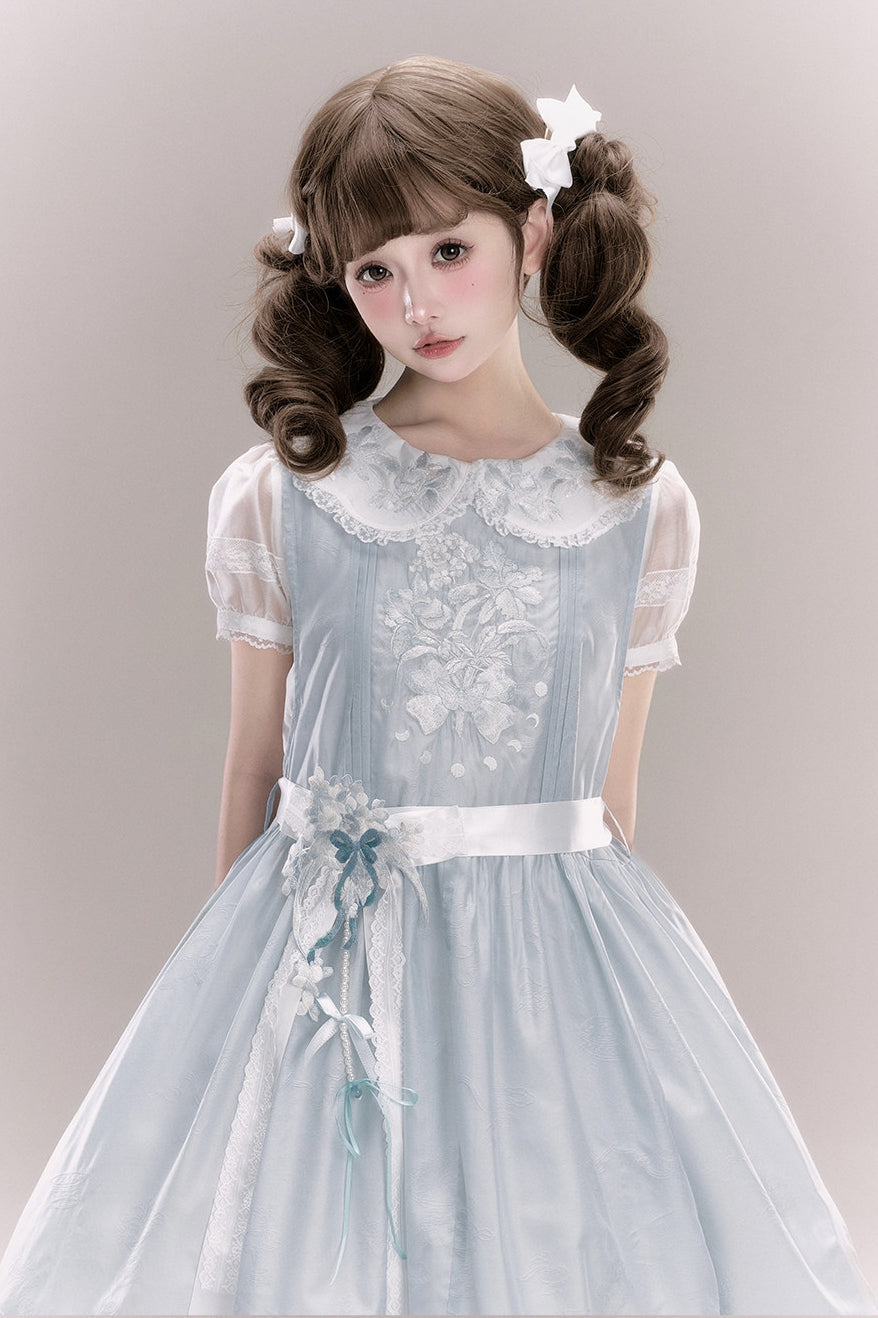 Jiao Jiao Misty Blue Floral Embroidery Wa Lolita High Waist Dress - LolitaEra