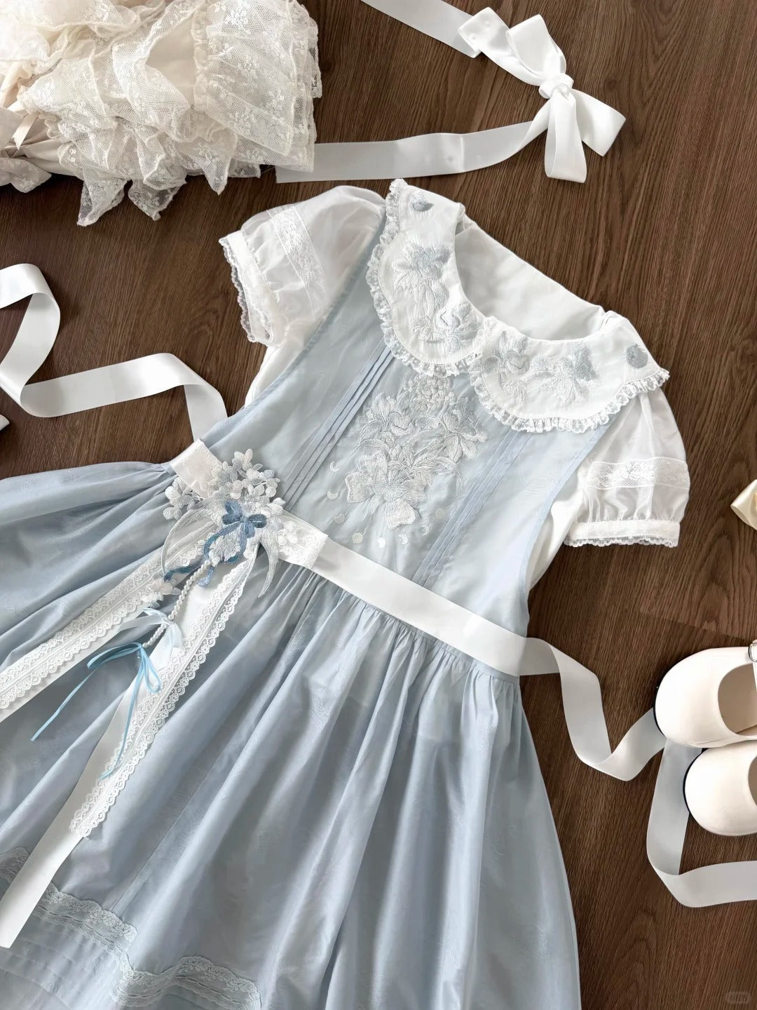 Jiao Jiao Misty Blue Floral Embroidery Wa Lolita High Waist Dress - LolitaEra