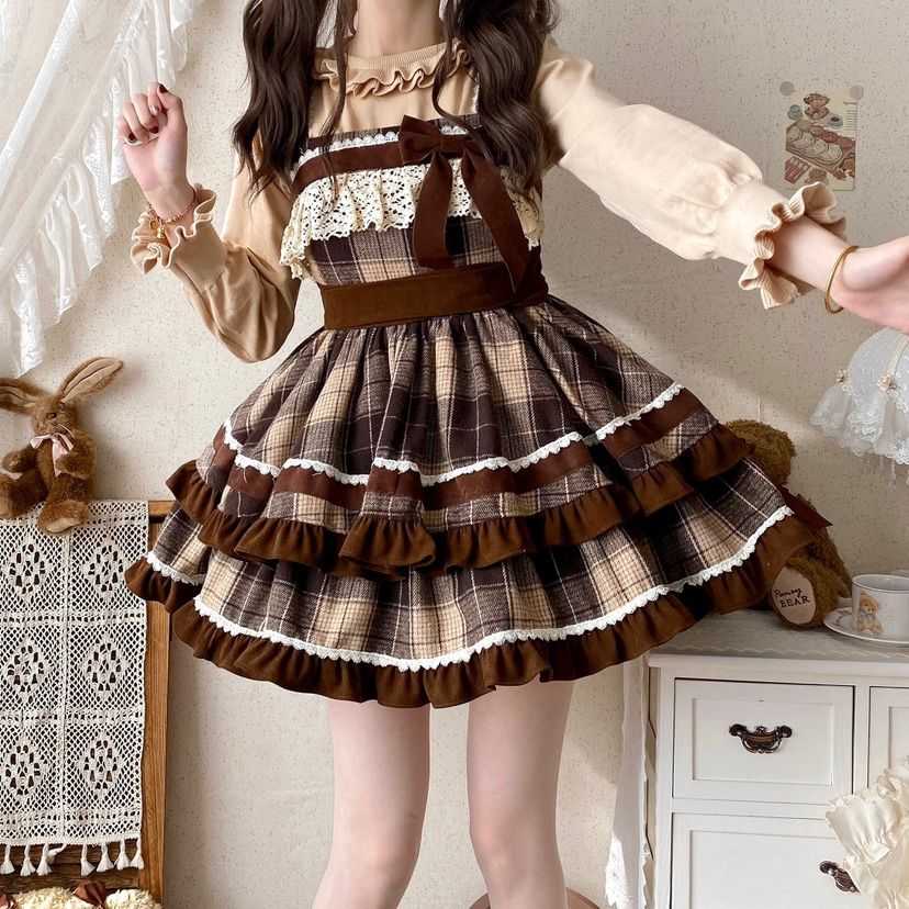Lolita Caramel Cocoa Sweet Plaid JSK Dress LS1018