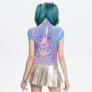 Kawaii Cartoon Japanese Full - print Ruffled T-shirt - LolitaEraPinkKawaii Cartoon Japanese Full - print Ruffled T-shirt