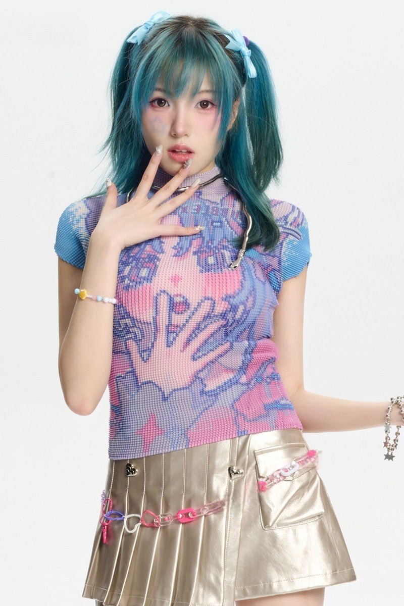 Kawaii Cartoon Japanese Full - print Ruffled T-shirt - LolitaEraPinkKawaii Cartoon Japanese Full - print Ruffled T-shirt